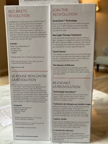 PMD Clean Redvolution verpakking, PMD skincare apparaat, beauty gadget voor gezicht, gezichtsreiniger met LED-licht, luxe gezichtsverzorgingstool